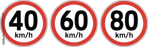 Speed limit signs, illustration, clean traffic signage collection for urban driving representing road rules safety limits and city transportation regulation system.