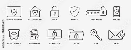 Safety security icon set. Secure website, secure home, lock, shield, password, phone, CCTV camera, document, computer, files, key, and email, outlined vector icon collection