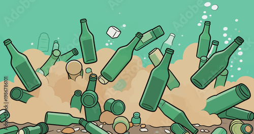 Illustration of Green Glass Bottles and Trash