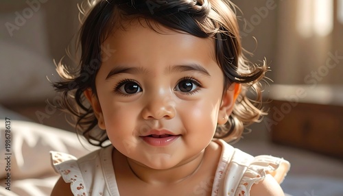 A young child with dark hair and eyes looks directly at the camera