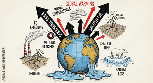 Global Warming Impact - Rising Temperatures, Sea Level Rise, and Habitat Loss.