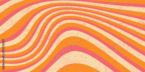 1970 Wavy Swirl Seamless Pattern in Orange and Pink Colors. Hand-Drawn Vector Illustration. Seventies Style, Groovy Background, Wallpaper, Print. Flat Design, Hippie Aesthetic.