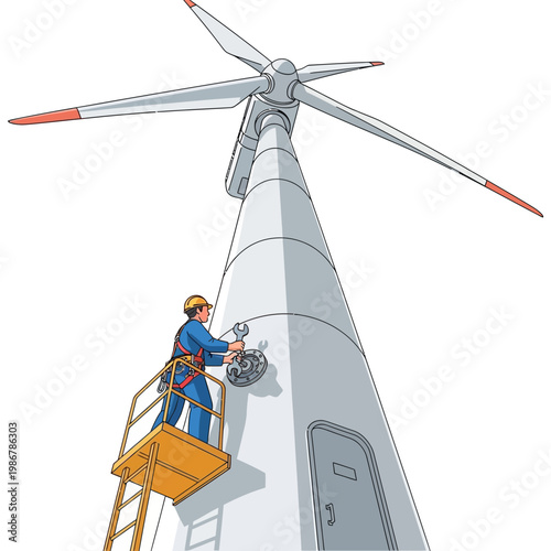 Technician on lift repairing wind turbine, renewable energy, sustainable power generation concept