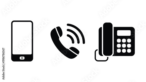 Phone mobile smartphone device communication technology icons set, modern digital communication symbols, call and messaging interface vector illustration.