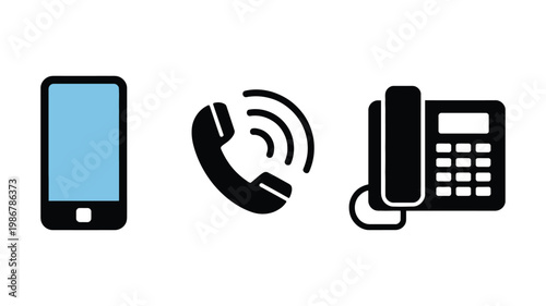 Phone mobile smartphone device communication technology icons set, modern digital communication symbols, call and messaging interface vector illustration.