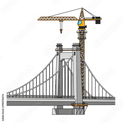 Suspension bridge construction site with tower crane, engineering concept