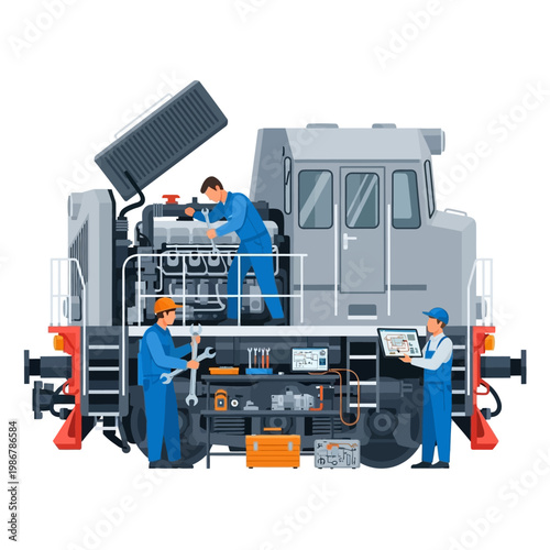Train Mechanics Repairing Locomotive Engine with Tools and Digital Tablet