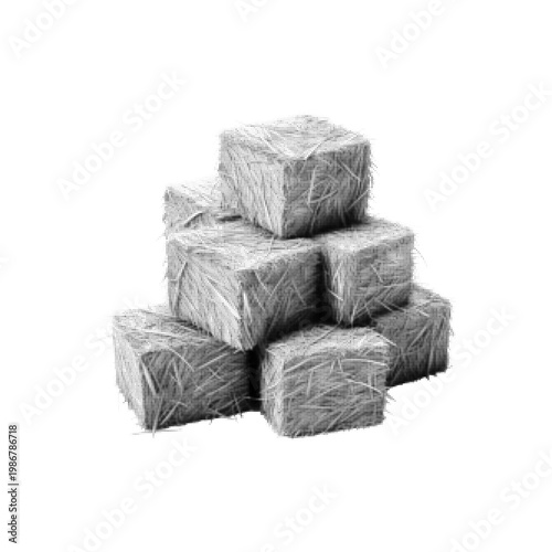 Halftone illustration of stacked hay bales isolated on white background, dotted retro style, concept of agriculture, farming and harvest.