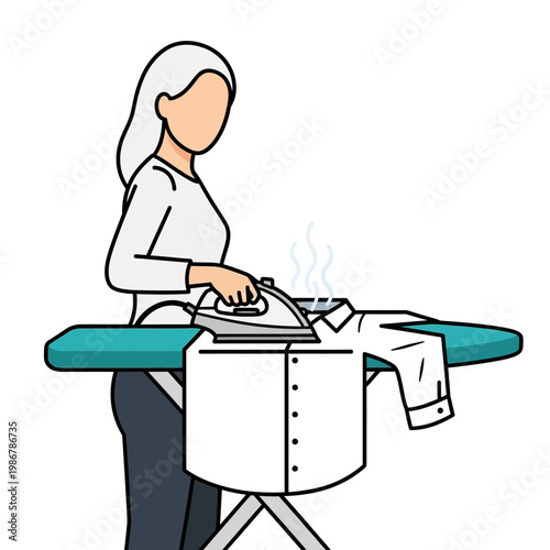 Woman ironing a white shirt on an ironing board, steam rising from the iron.