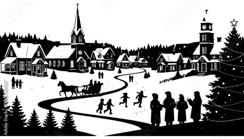 Christmas village silhouette illustration with horse and people in winter