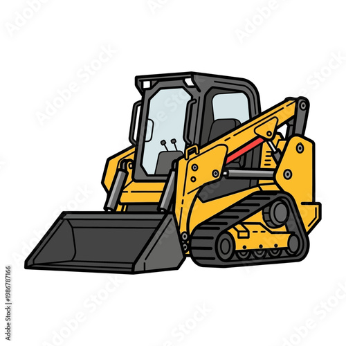 Yellow compact track loader with bucket and treads, isolated on white background