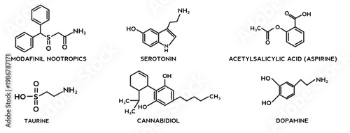 Set of modafinil nootropics, cannabidiol or cbd molecular, acetylsalicylic acid (aspirine), taurine, serotonin, dopamine molecular structures.