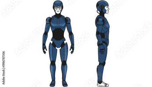 A blue robot standing in two different poses with a white face