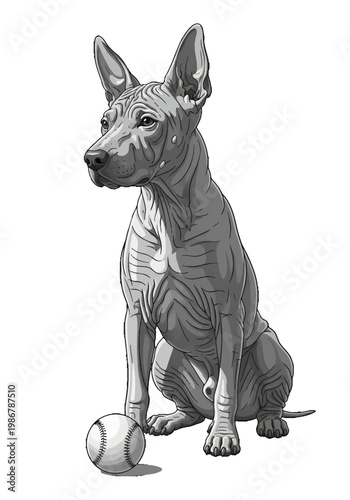Black and white ink sketch of a hairless Xoloitzcuintli dog sitting with a baseball Isolated on transparent background