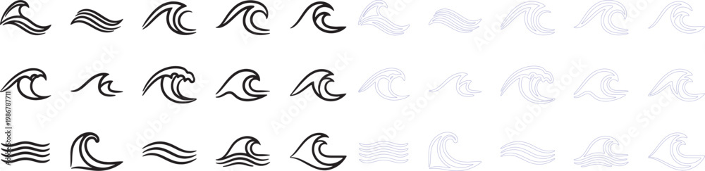 Fototapeta premium Collection of black and blue wave line water ocean