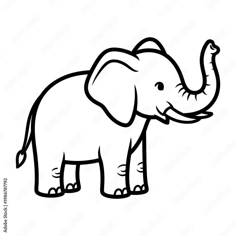 Fototapeta premium Cute cartoon elephant stands with trunk raised