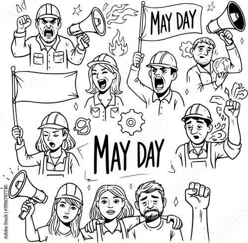 May Day Worker Protest Doodle Vector Set