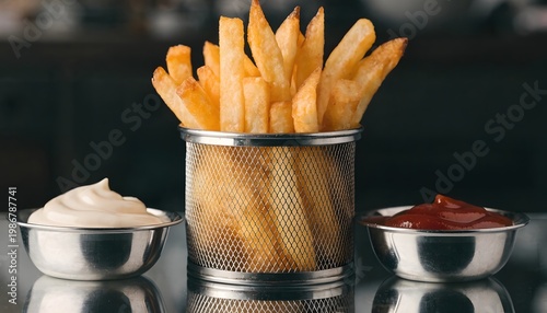 Golden crispy fries served in stylish basket high resolution picture
