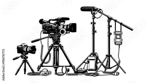 A camera vector illustration with a microphone and photography equipment