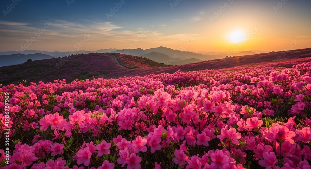 Obraz premium Pink flowers blanket rolling hills at sunset