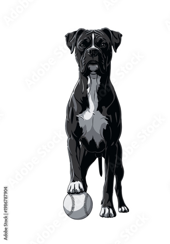 Black Boxer dog standing with a baseball under its paw illustration Isolated on transparent background