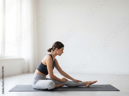 Stretching Woman Doing Yoga Fitness Exercise on Mat in Bright Room