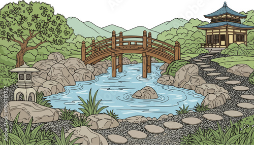 A serene Japanese garden illustration with a wooden bridge and pagoda