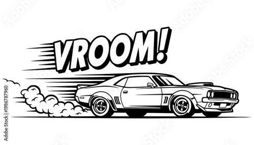 A black and white illustration of a car speeding with VROOM!