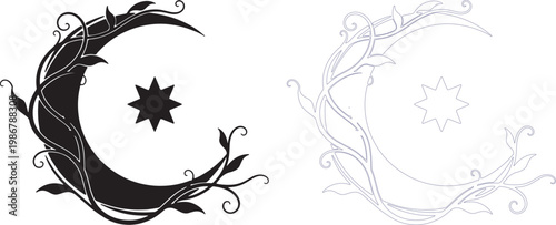 Crescent shaped vine wrapping star silhouettes black