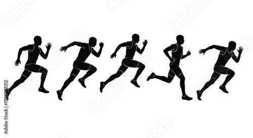 Silhouette of a runner in multiple stages of motion depicted in black