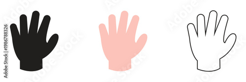 Waving Hand Icons Black, colour and Outline Style. Simple illustration of waving hand icons in s symbolizing greeting, hello gesture, communication, and user interface interaction signs.