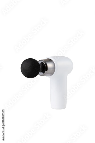 Electric massage gun utensil massager white isolated on white background. Modern technology wellness concept