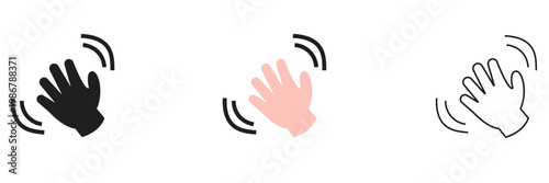 Waving Hand Icons Black, colour and Outline Style. Simple illustration of waving hand icons in s symbolizing greeting, hello gesture, communication, and user interface interaction signs.