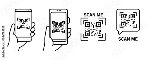 QR code scan with smartphone and scan me barcode sign, clean vector EPS 10 illustration, digital access tools and mobile scanning system concept.