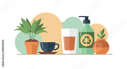This flat vector illustration showcases a collection of home items, including potted plants, coffee, and a recycled soap dispenser.