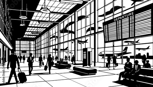 Airport terminal interior with people and departure board in black silhouette