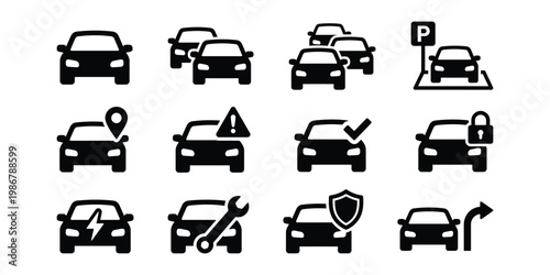 Car Transport and Parking Icons Set Vector Silhouette
