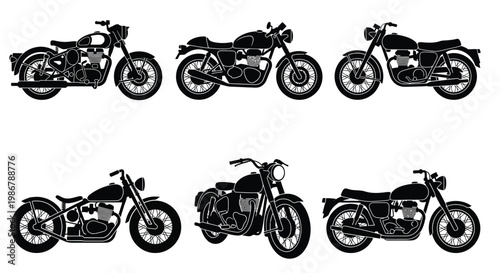 Six vintage motorcycles illustrated in a black and white vector style