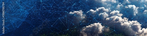 Abstract Digital Connection Network Over Bright Cloudscape Sky
