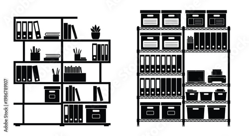 Black and white illustration of two filled shelving units