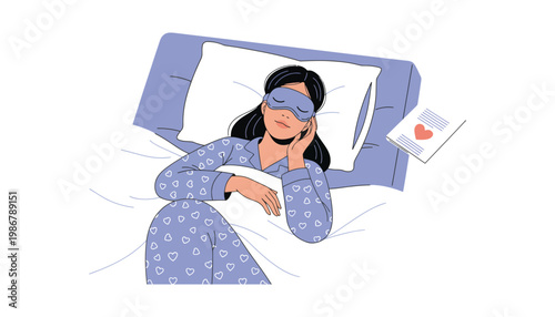 A woman wearing a sleep mask lies in bed with a love letter