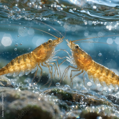Golden shrimp underwater macro with bubbles high resolution picture