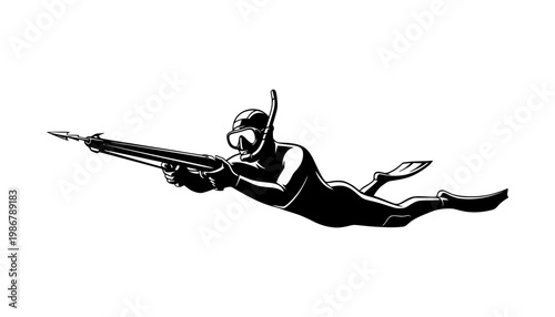 A scuba diver in a black silhouette holds a spear gun underwater