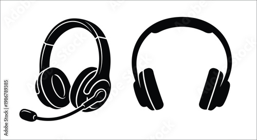 Two black silhouettes of modern headphones one with a microphone