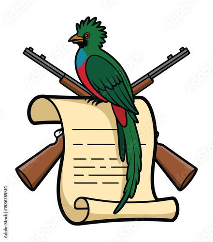 Quetzal bird perched on scroll with tropical leaves and nature emblem, wildlife conservation themed vector illustration for eco awareness design.