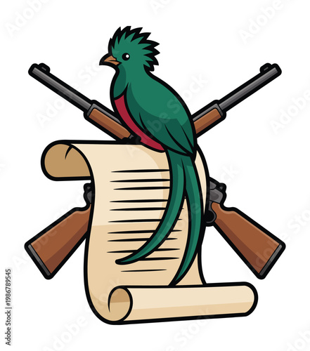 Quetzal bird perched on scroll with tropical leaves and nature emblem, wildlife conservation themed vector illustration for eco awareness design.