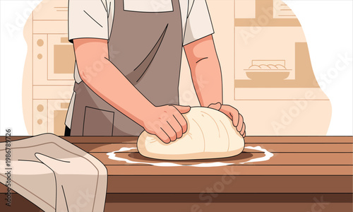A baker kneading fresh dough on a wooden table