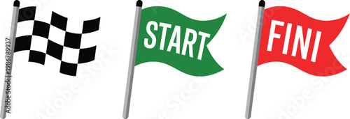 Racing flag icon set, start finish flags and black white checkered racing flag illustration on white background for motorsport competition and sport event design.