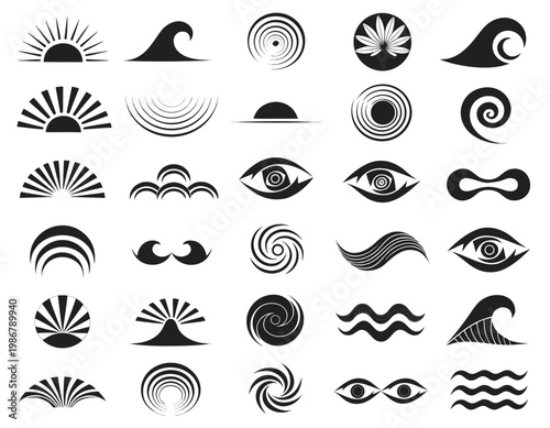 Abstract Ocean Waves, Sunbursts, and Eye Symbols Minimal Icon Set Vector