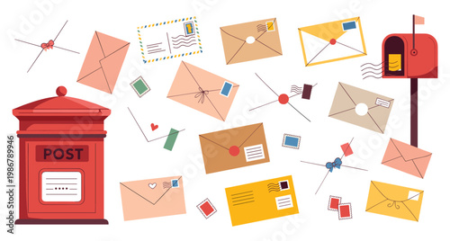 Red pillar post box and american style mailbox surrounded by various paper envelopes postage stamps and small decorative bows on a white background